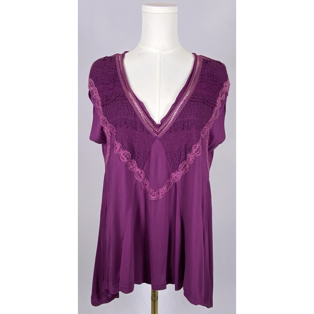 Free People Tunic Top Womens XS Purple Lace Trim V-Neck Boho Peasant